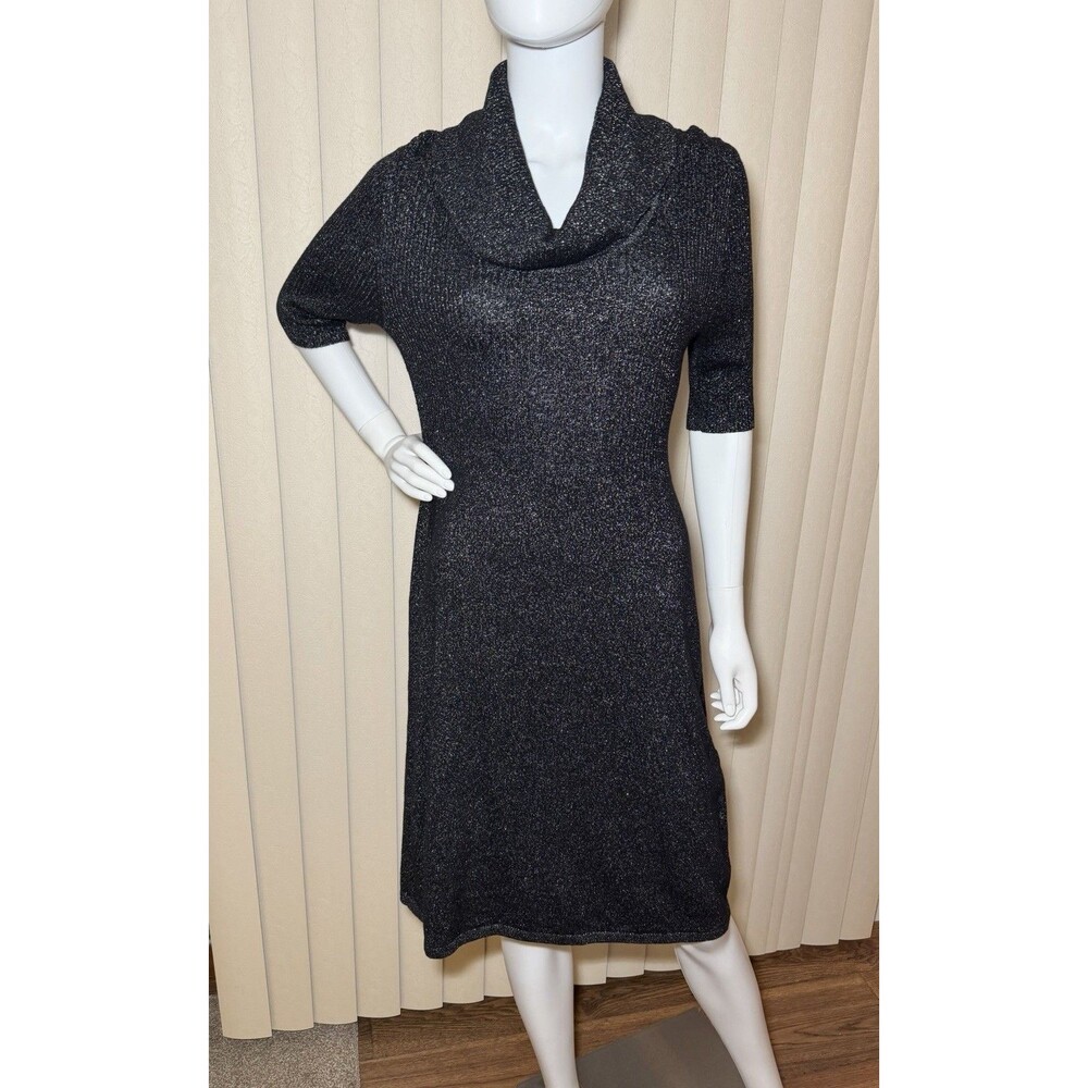 Nine West XL Black Metallic Cowl Neck Sweater Dress 3/4 Sleeve